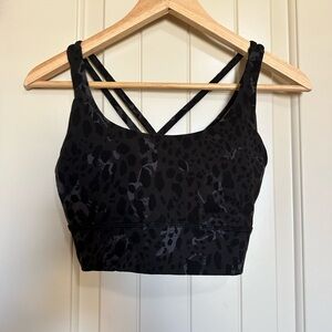 Lululemon Energy Longline Bra in the Leopard Camo Deep Coal Multi color.